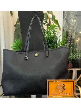 TORY BURCH BLACK STEFANO LEAHTER ROBINSON LARGE TOTE
